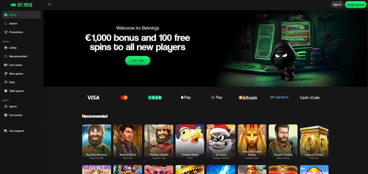 Betninja Casino-Startseite mit einem Cartoon-Ninja vor einem verschneiten Automaten, der einen 1.000 € Bonus und 100 Freispiele für neue Spieler bewirbt. Die dunkle Oberfläche bietet Navigation für Slots, Live-Casino, Tischspiele und empfohlene Titel wie Book of Dead, Sugar Rush 1000 und Big Bass Bonanza.