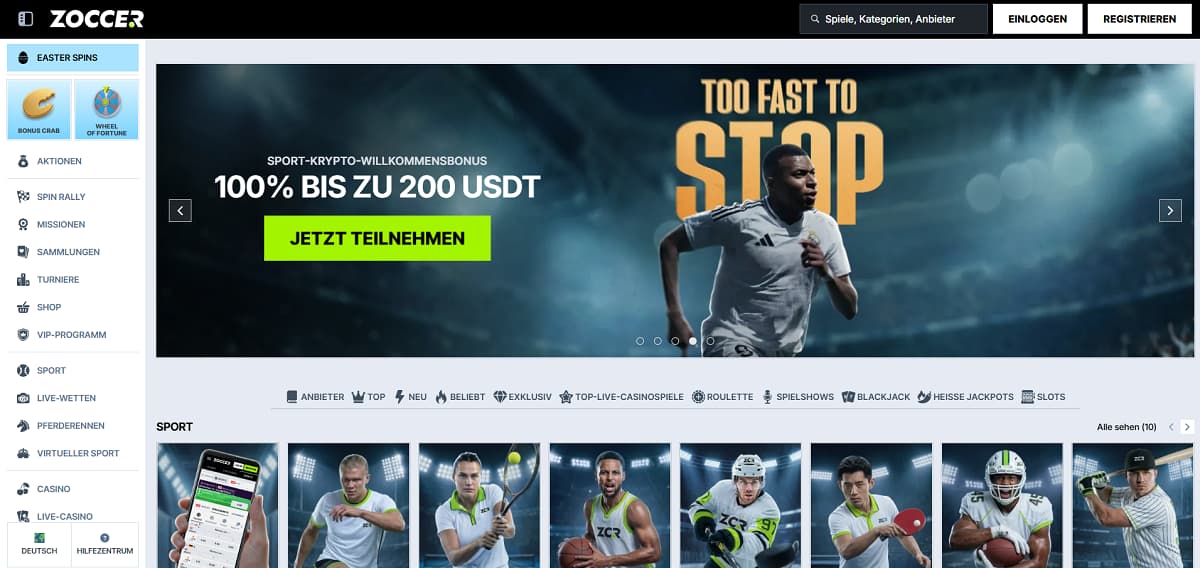 Zoccer Startseite mit Banner, das einen 100 %-Bonus bis zu 300 € auf die erste Einzahlung bewirbt. Seitenleiste umfasst Aktionen, Missionen, Turniere, VIP-Programm sowie Sport- und Casino-Angebote. Darstellung von Sportarten wie Fußball, Tennis, Basketball und Boxen.