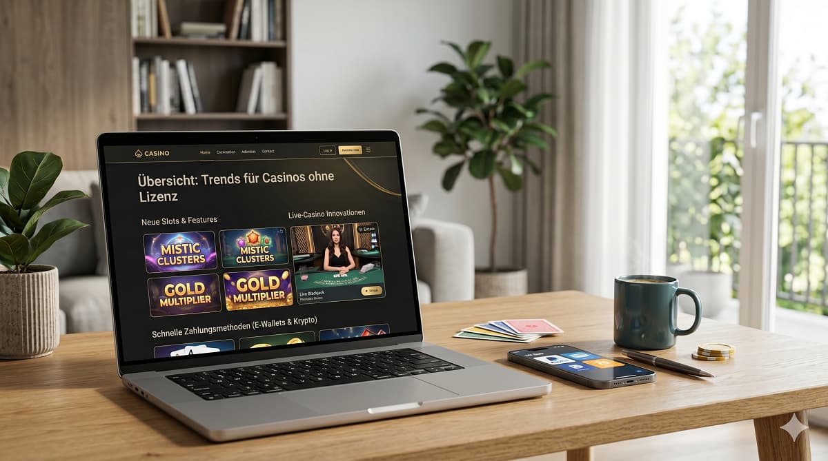 Ein moderner Laptop auf einem Eichentisch zeigt eine Informationsübersicht zu Online Casino Trends für Casinos ohne Lizenz, daneben ein Smartphone mit Zahlungs-Apps, eine Kaffeetasse und Spielkarten.